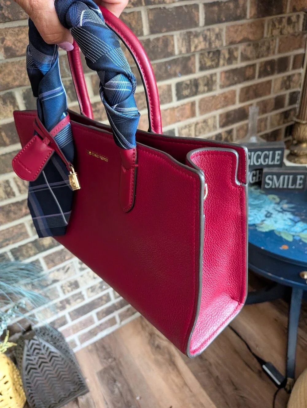 Michael Kors deep Cherry Red Leather Tote with Navy Scarf Accent